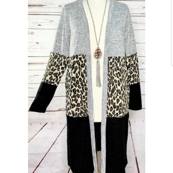 Leopard Colorblock Long Length Cardigan Plus Size - Picture 2 of 6